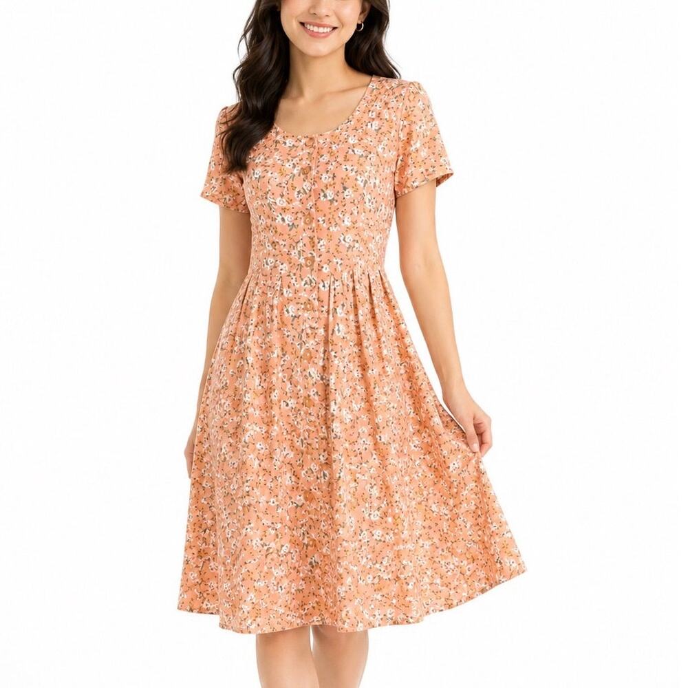 Vintage 90s Peach Floral Mini Dress Rayon Button Front Short Sleeve Scoopneck